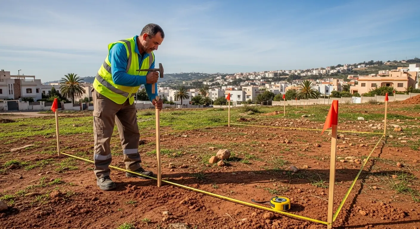 Bornage de terrain à Tanger — Topographe posant des piquets de délimitation sur une parcelle à Tanger